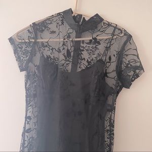 Vintage black 90s slip dress with Chinese style lace overlay